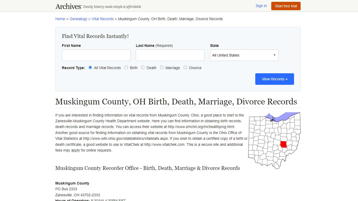 Muskingum County, OH Birth, Death, Marriage, Divorce Records